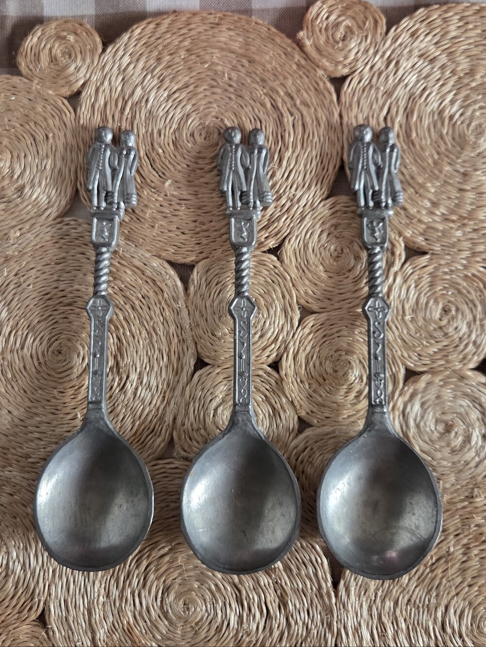 Vintage Dutch Pewter Wedding Spoon Set of 3, Holland Bride & Groom Figural Spoon